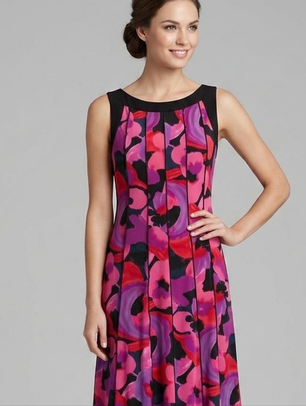 Perceptions Sleeveless Floral Midi Dress in Pink, Purple & Black
